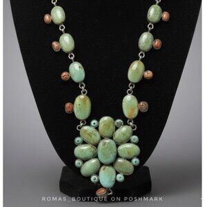 Southwestern-style necklace  turquoise and red coral stones, sterling silver